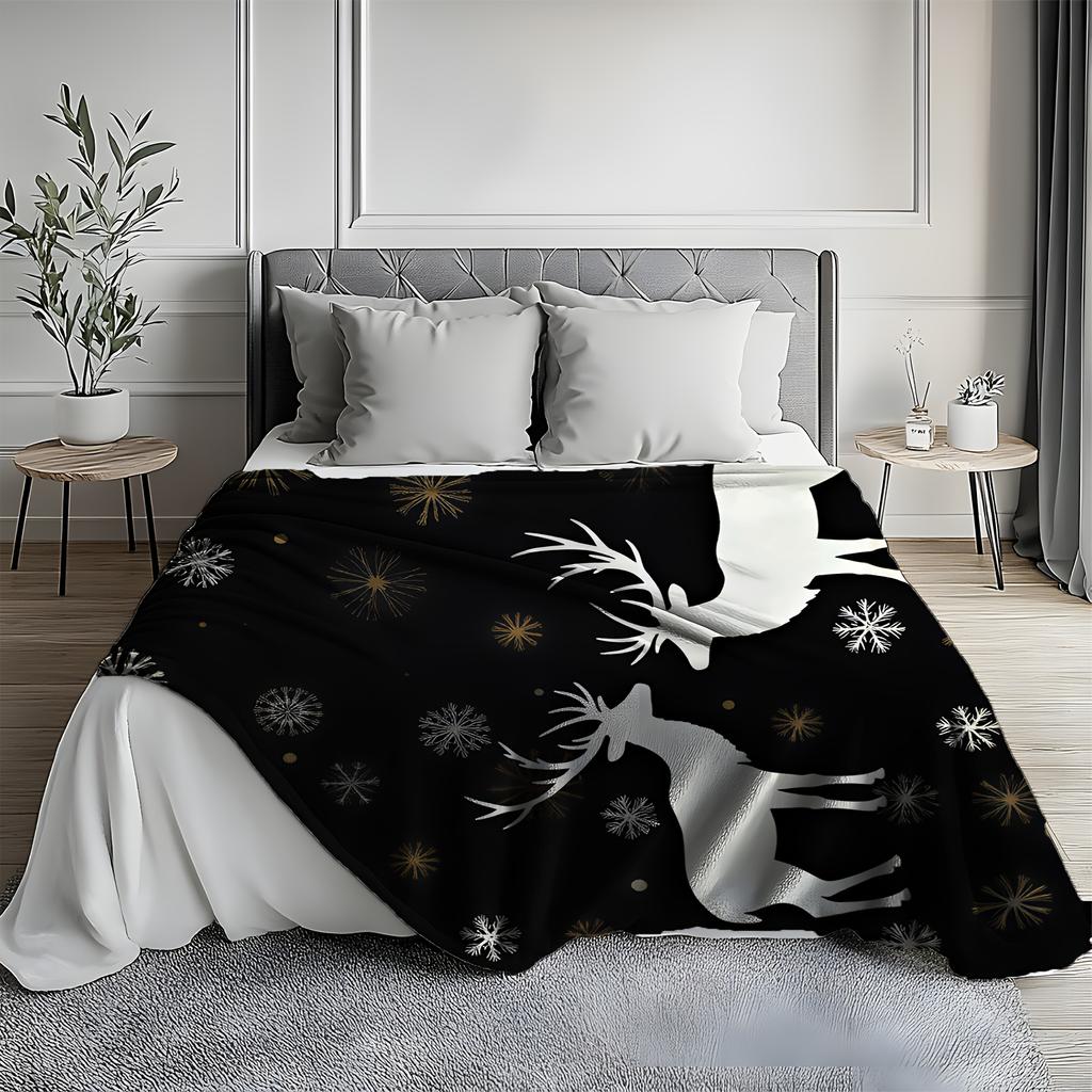 1pc Zeal Lily Retro Winter Christmas Minimalist Black & Golden Deer Snowflake Flannel Blanket - Soft Cozy All-Season Throw for B