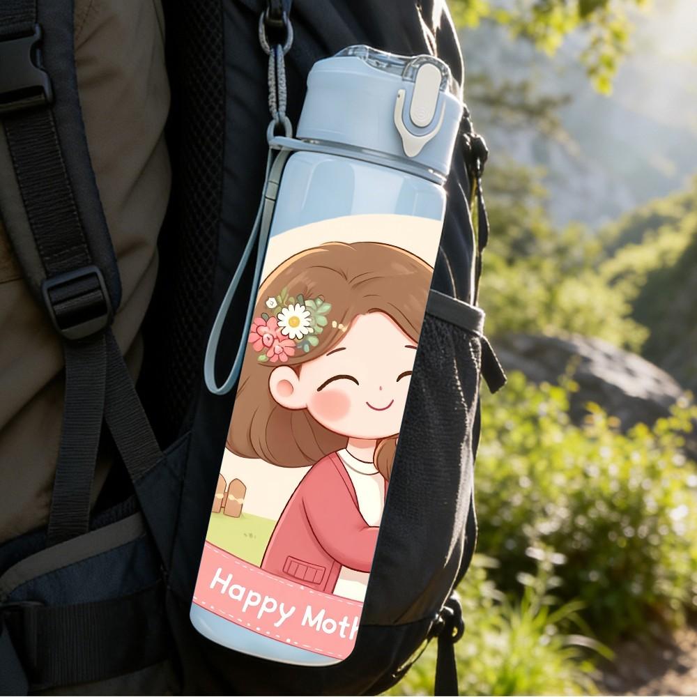 1PC Mom Daughter Floral Frame Cartoon Print 750ml Color Plastic Sports Water Bottle Leakproof Flip Straw Lid Suitable for Sports Office Home Use