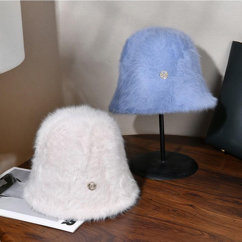 Fashion Designer Letter M Rabbit Fur Bucket Hat Women's Winter Korean Casual Versatile Fluffy Bucket Hat White Warm Basin Hat