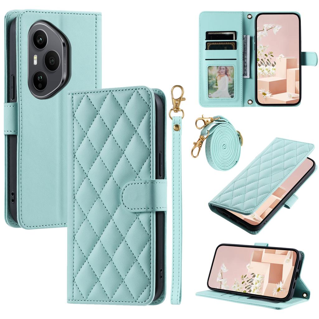 For Honor 400 Pro 5G (Global) Case Wallet Rhombus Grid PU Leather Phone Cover with Shoulder Strap/Wrist Strap