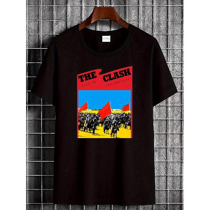 The Clash Vintage Punk Rock Band Graphic T-Shirt - Give 'Em Enough Rope & London Calling Album Art Tee with Iconic Red & Black Striped Design - Soft
