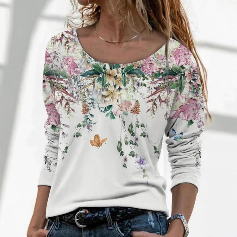 Flower Series 3D Printed Long Sleeved T-shirts Casual Loose Round Neck Women's T-shirt Top