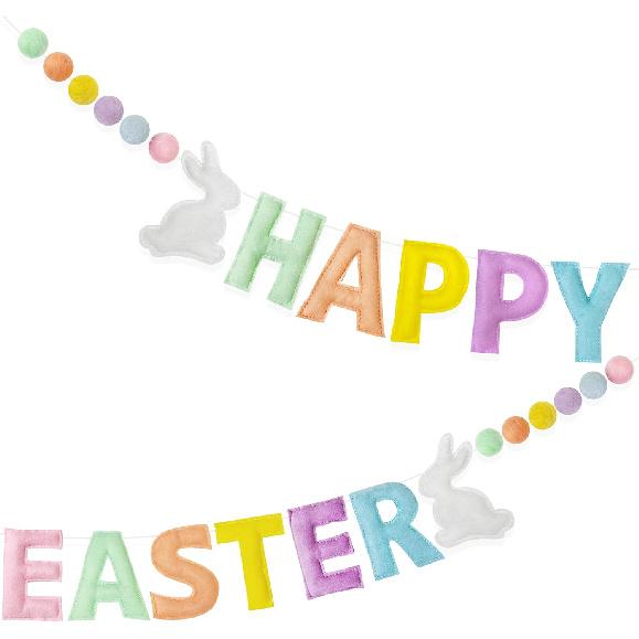 Easter Decorations Pre-Strung Felt Pastel Happy Easter Sign Bunny Banner Wool Felt Ball Garland for Happy Easter Spring Nursery Classroom Home Wall