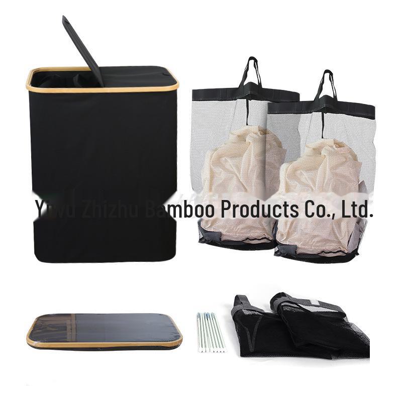 Foldable Bamboo Laundry Basket with Dual Mesh Bags and Large Capacity