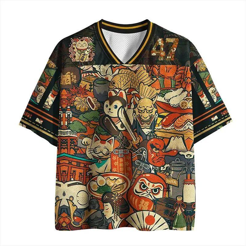 2026 Japanese Style and Japanese Style Ukiyo-e Lucky Cat Damo Mesh Jersey Size 47 Retro Loose V-neck Short Sleeved Shirt