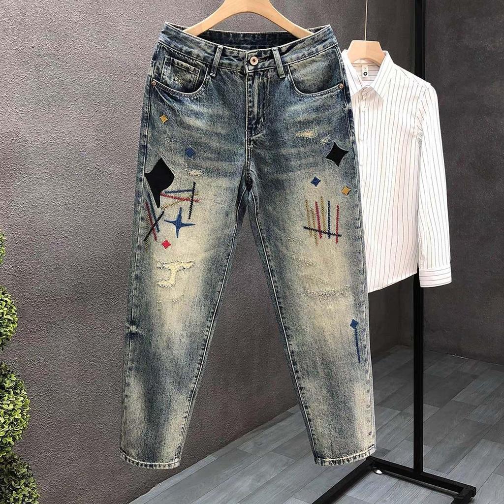 Men's American Street Style Washed Distressed Jeans – Straight Loose Fit, Spring/Autumn, European Vibe Long Pants