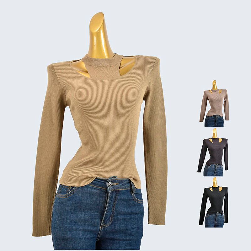 From Cupboard Spring and Autumn Round Neck Halterneck Bingqu Knitting Silm Long Sleeves Fake Two-Piece Cut Out Stylish Pullover Women's Clothing