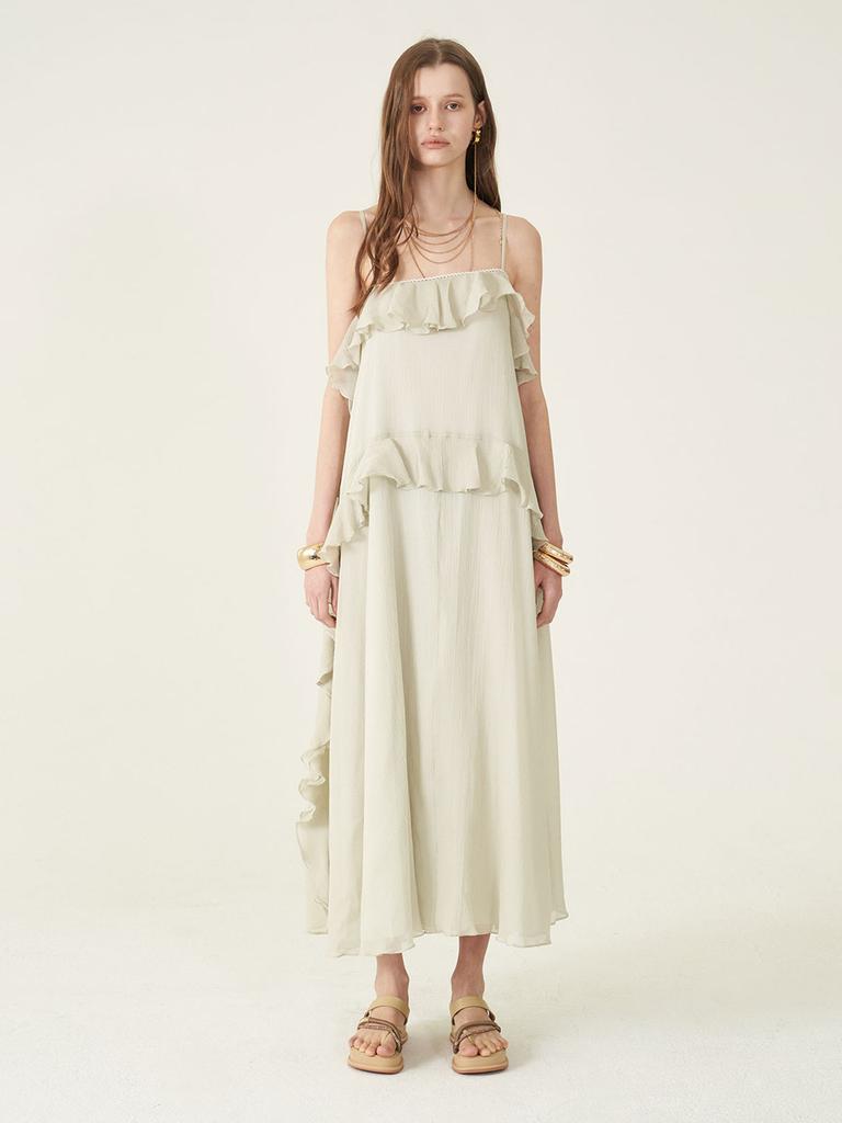 CAHIERS Silver Thread Striped Cotton Silk Tiered Frill Slip Dress