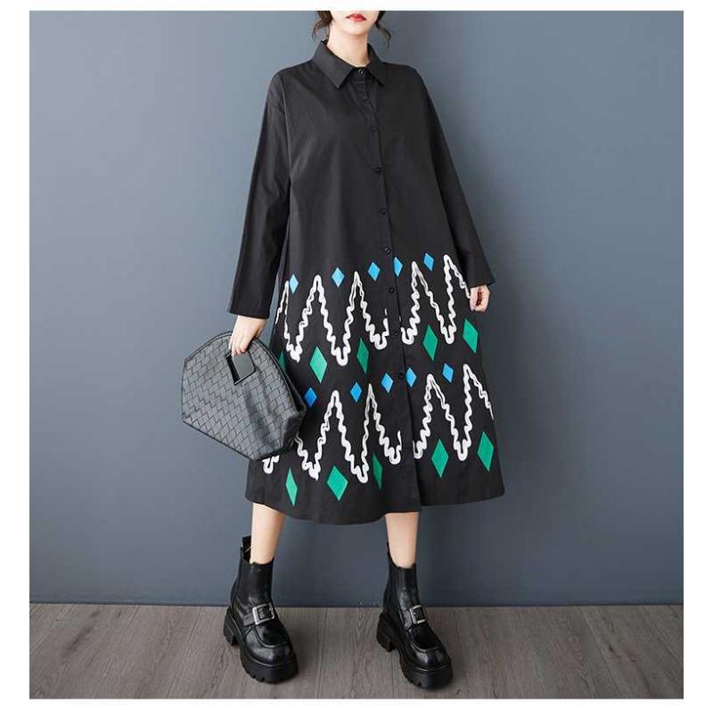 Свободные платья большого размера с принтом и сращиванием повседневные простые милые платья с длинным рукавом