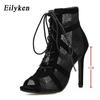 Fashion Black Summer Sandals Lace Up Cross-tied Peep Toe High Heel Ankle Strap Net Surface Hollow Out Shoes