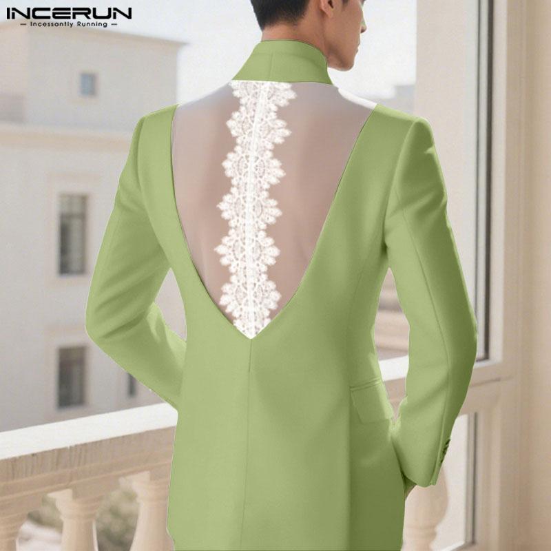 INCERUN Мужские блейзеры с длинным рукавом, кружевной спиной, прозрачной строчкой, тонкие, для вечеринок