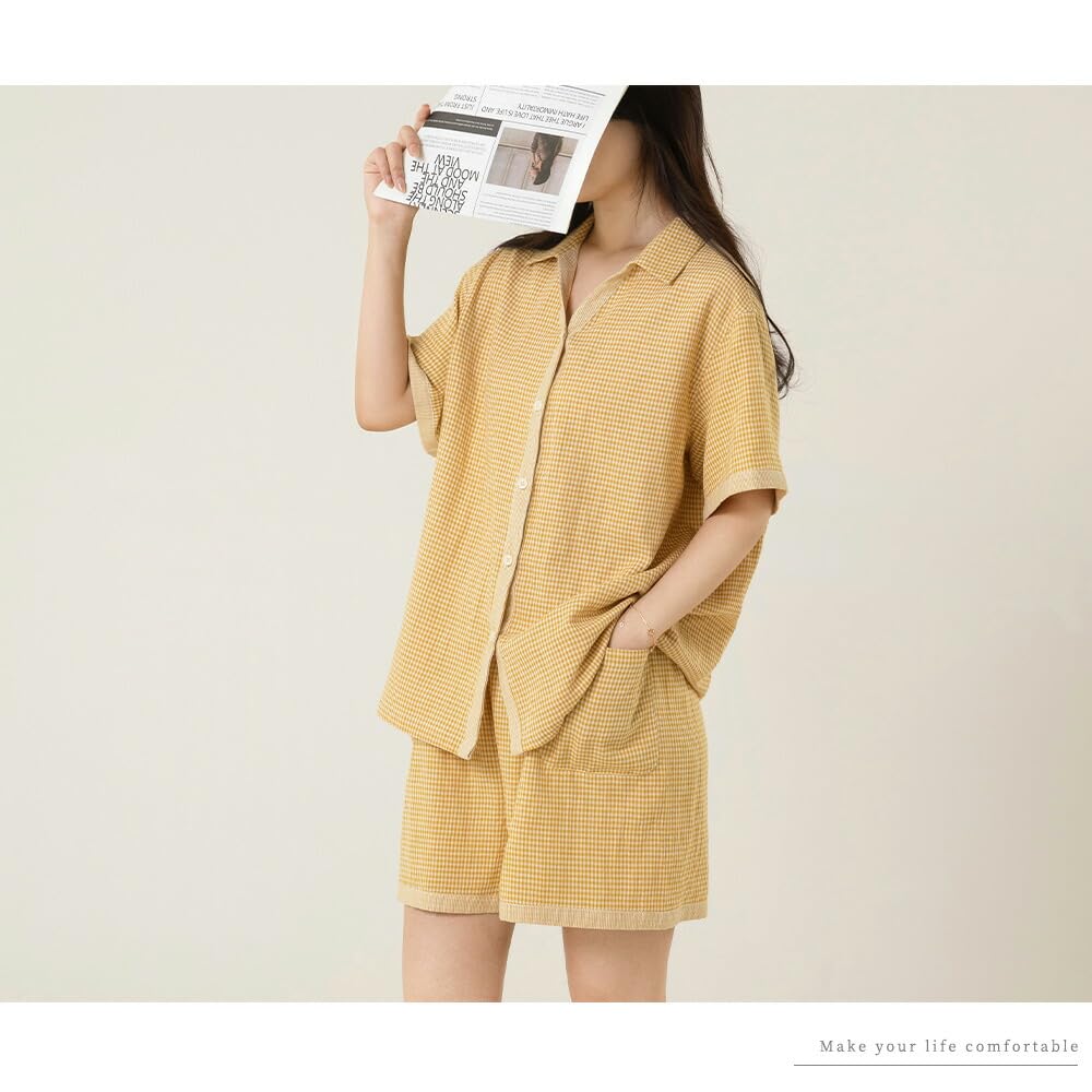 Да Семейный Пижамный Шорт из Двойной Марли Передняя Клетка Размер Желтый Женский Комплект, 100% Хлопок, Рукава, Разрез, Рисунок, XL,