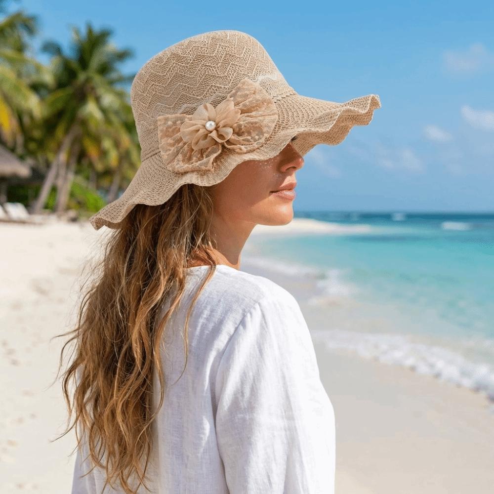 Lace Bow Wide Brim Knitted Hat Solid Color Beach Sun Hat Fashion UV Protection Cap Travel