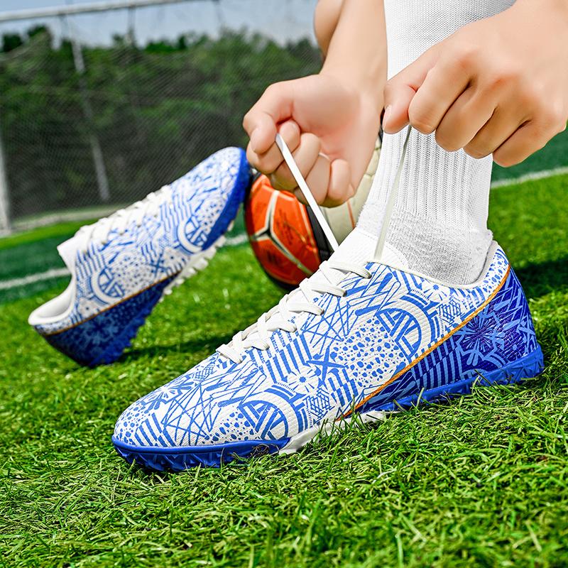 Мужские/женские синие и белые футбольные бутсы на резиновой мягкой подошве с короткими ногтями и искусственным покрытием, молодежные футбольные бутсы