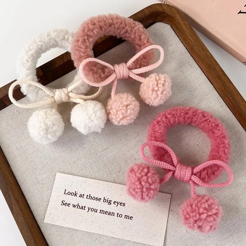 Strawberry Pink Ball Hair Ties Cherry Blossom Bow Scrunchies for Girls Kawaii Ponytail Holders Furry Pompoms Hair Accessorie