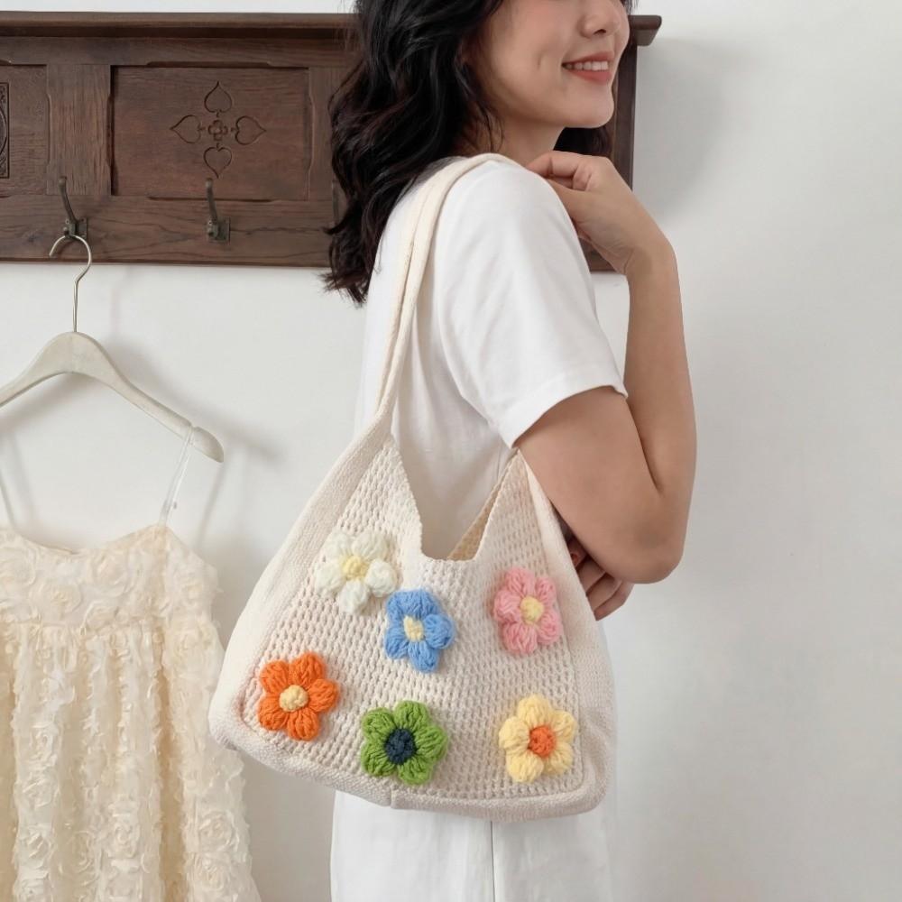 Breathable Knitted Tote Bag Sweet Seaside Vacation Handbag Trendy Crochet Shoulder Bag  Female