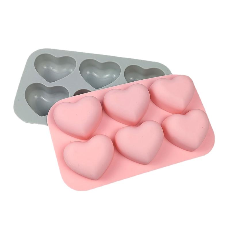 6-Cavity Valentine's Heart Silicone Mold for DIY Soap Making Heart Candy Mould Cake Bake Pan Chocolate Molds Ice Tray- Pink & Gray