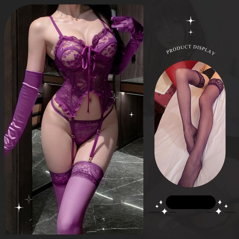 Sexy lingerie sexy purple lace onesie with steel rim uniform pure desire strap set