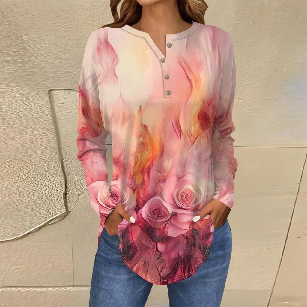 Футболки для женщин, осенние повседневные рубашки с длинным рукавом на пуговицах, толстовка с винтажным принтом, топ, пуловер