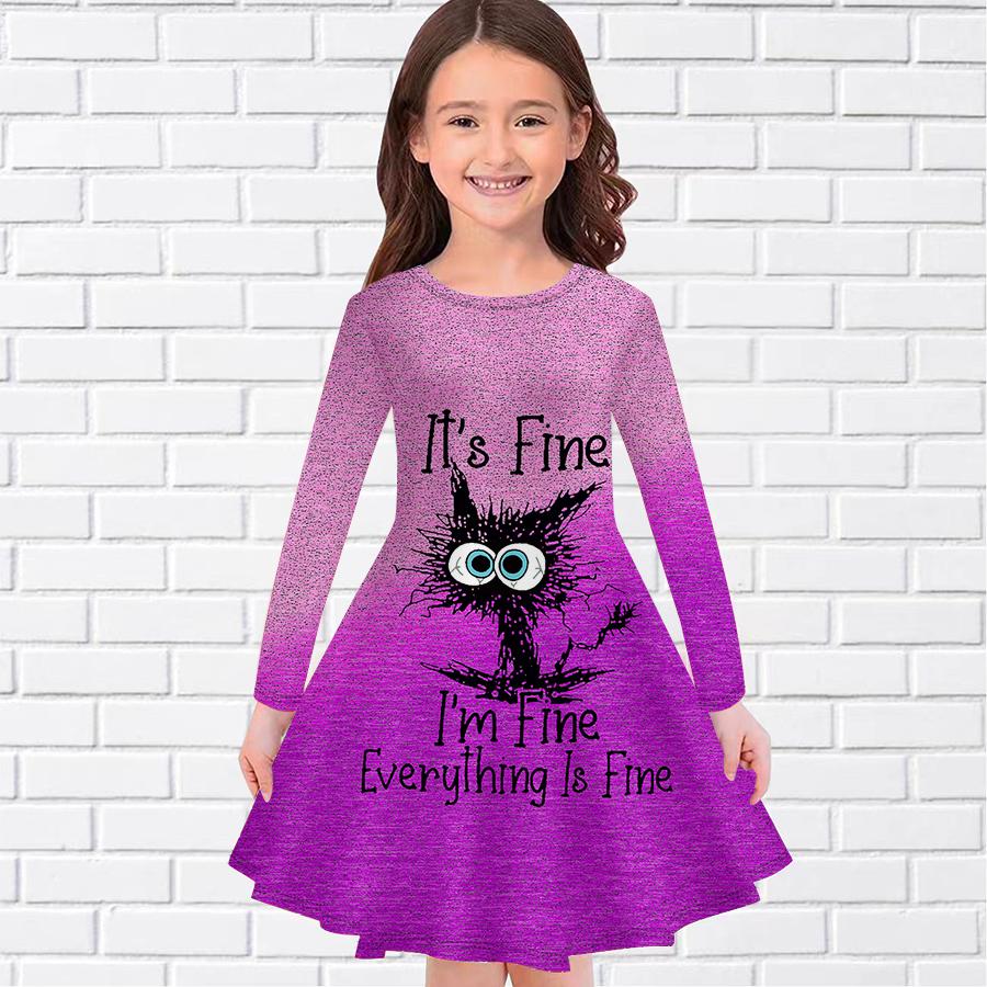 Повседневное платье для девочки с английским принтом кота и круглым вырезом, длинными рукавами, детское платье принцессы