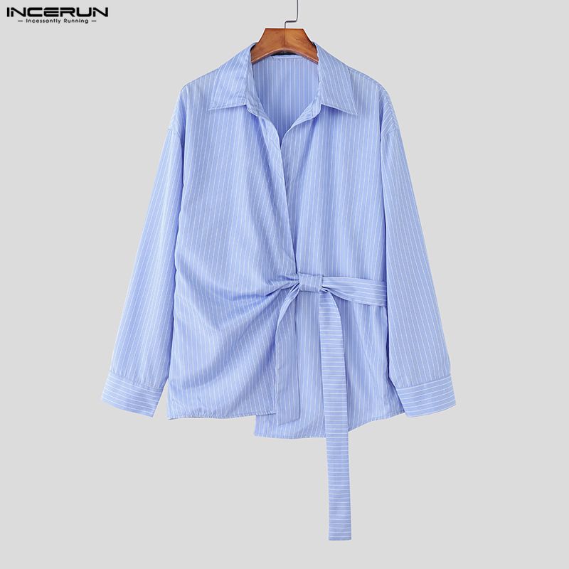 INCERUN Мужские весенние рубашки с отложным воротником, длинным рукавом, боковым перекручиванием, в полоску