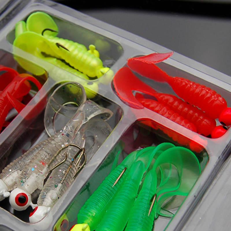 21Pcs/Set Mini Soft Fishing Lure Jig Head Hook Grub Worm Silicone Fish Baits Shrimp Bait Artificial Swimbait Sea Fishing Tackle