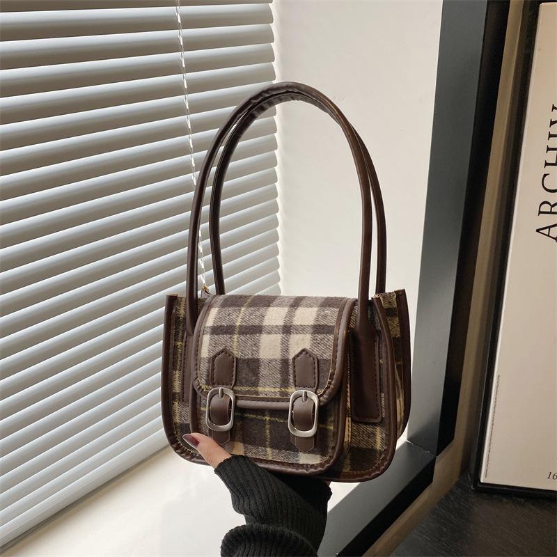 Осенняя шерстяная клетчатая сумка для женщин, новая ретро-сумка для подмышек, высококачественная сумка-седло на одно плечо