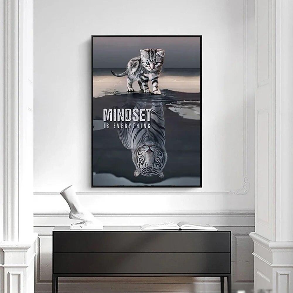 Animal Canvas Painting Cat and Tiger Mindset Is Everything Motivation Modern Canvas Wall Art Inspirational Quote Print On Canvas