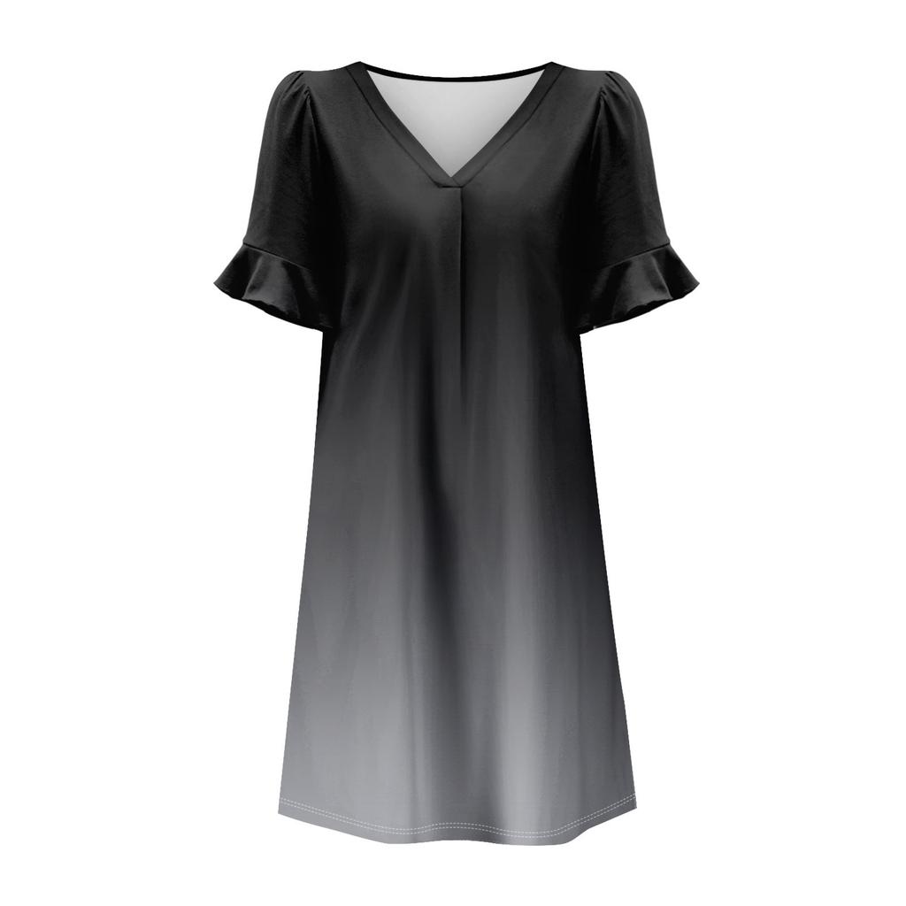 Летние платья для женщин с V-образным вырезом, оборками и коротким рукавом, повседневное свободное платье с принтом, пляжное платье с карманами