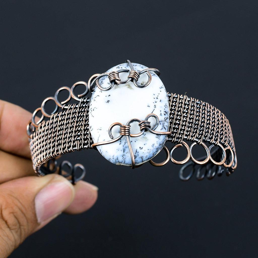 Дендритовый опал, драгоценный камень, чистая медная проволока, завернутая в манжеты/браслет ручной работы, ювелирные изделия