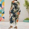Women Plus Size White Printed Round Neck Long Sleeve Layered Top Wide Leg Cropped Pants Two Piece Set