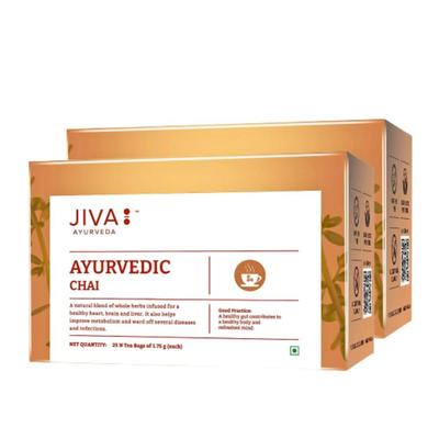 Jiva Ayurvedic Chai - 25 чайных пакетиков | Чай без кофеина для здоровья сердца, мозга и печени, (Упаковка из 2 шт.)