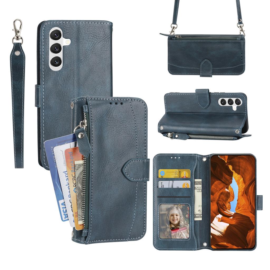 For Samsung Galaxy S26 Case Zipper Pocket Leather Phone Cover with Crossbody Shoulder Strap
