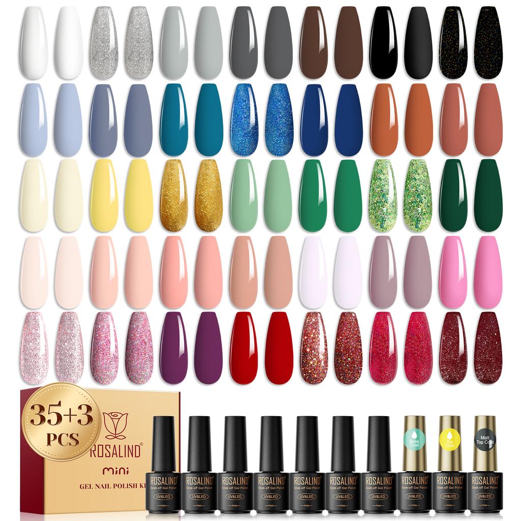 ROSALIND Гель-лак для ногтей, набор Soak Off UV LED, полуперманентный 38 шт., набор гель-лаков для ногтей, лак для дизайна ногтей, гибридный гель-лак