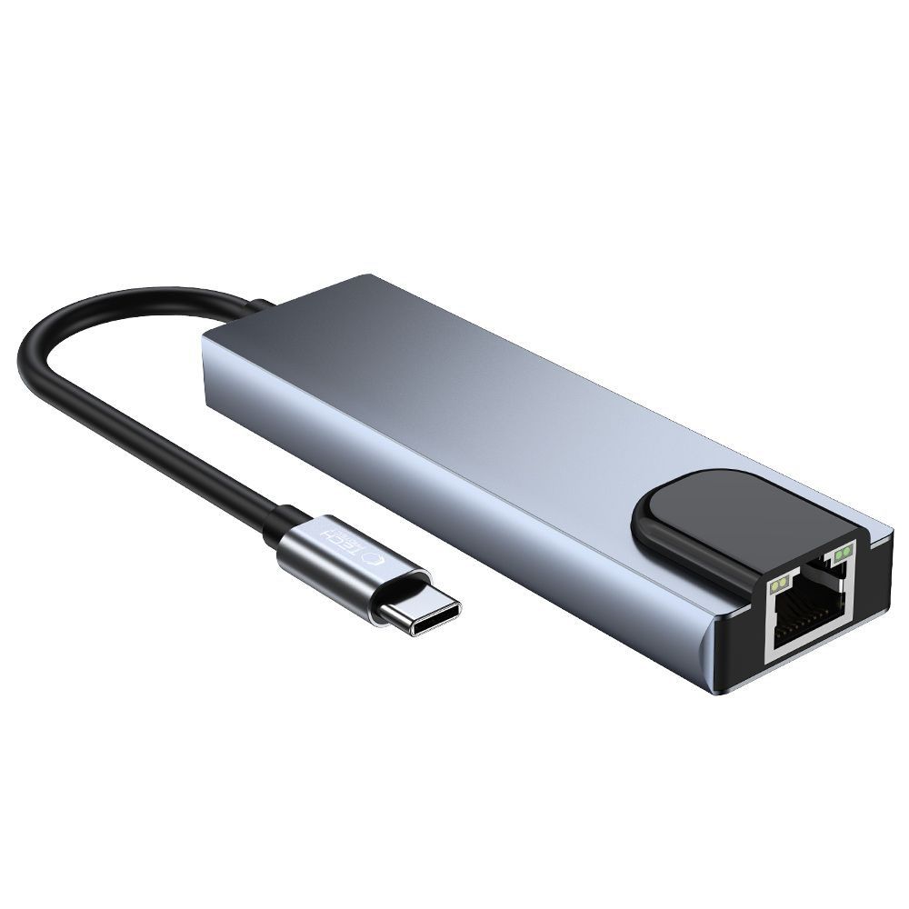 5in1 HUB USB-C to USB-C USB-A HDMI RJ45 Splitter - Gray