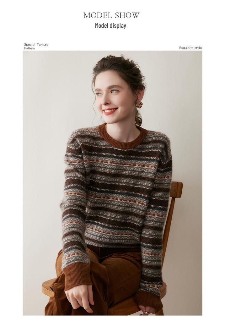 Mengyi 25 Autumn/Winter Cashmere Women's Fair Isle Retro Thick Pullover Sweater, Loose and Versatile.