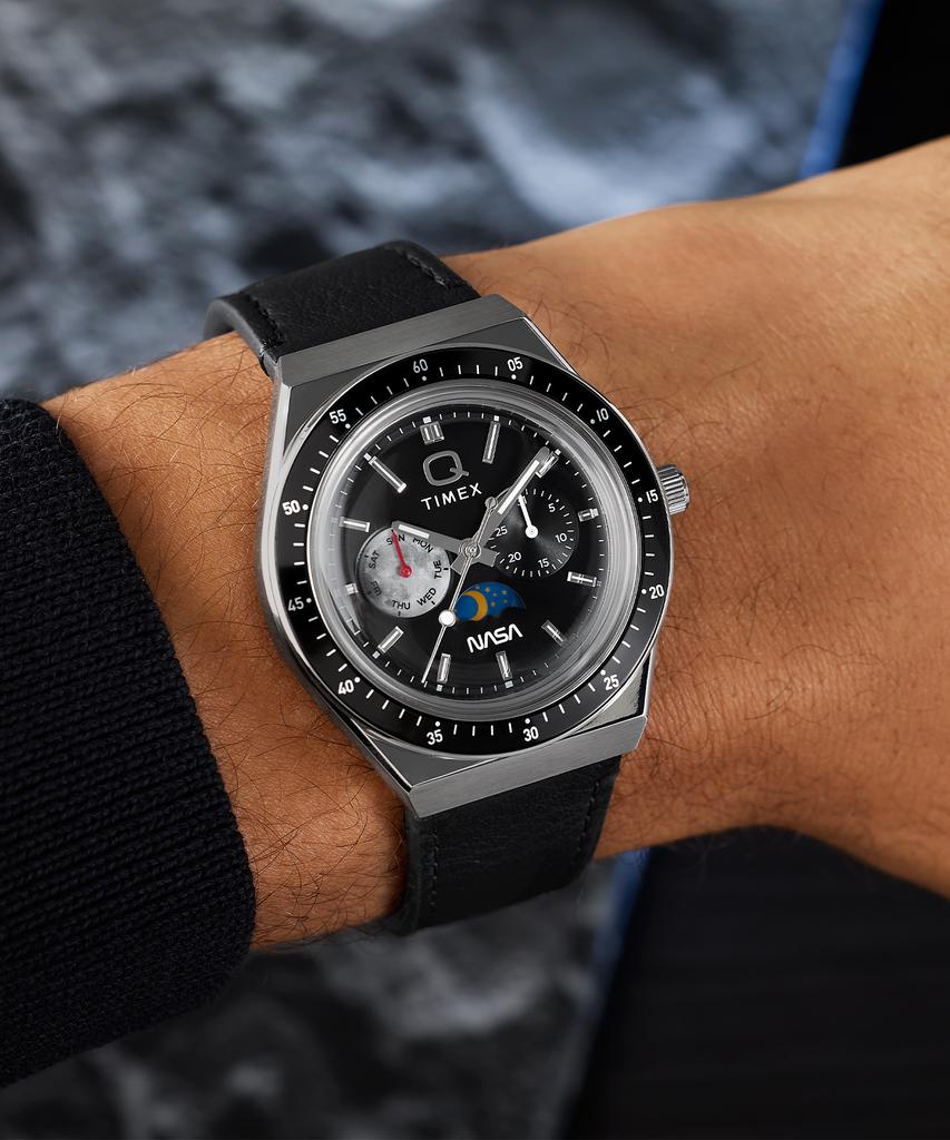 Taimaegseu X Nasa Q Timex Винтажные Черные Кожаные Часы 40 мм