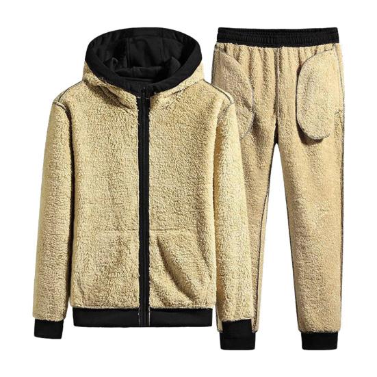 2 шт./компл., мужской пальто, брюки, костюм с капюшоном, толстый, мягкий, плюшевый, с эластичной резинкой на талии, с длинными рукавами, однотонные карманы, застежка-молния, теплый осенне-зимний спортивный костюм