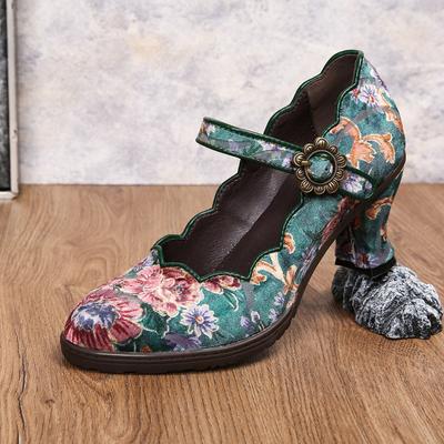 Туфли-лодочки с ретро-принтом, женская модная обувь на высоком каблуке, винтажные цветочные туфли с круглым носком