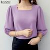 Women Casual Square Neck Loose 3/4 Sleeve Plain Blouse