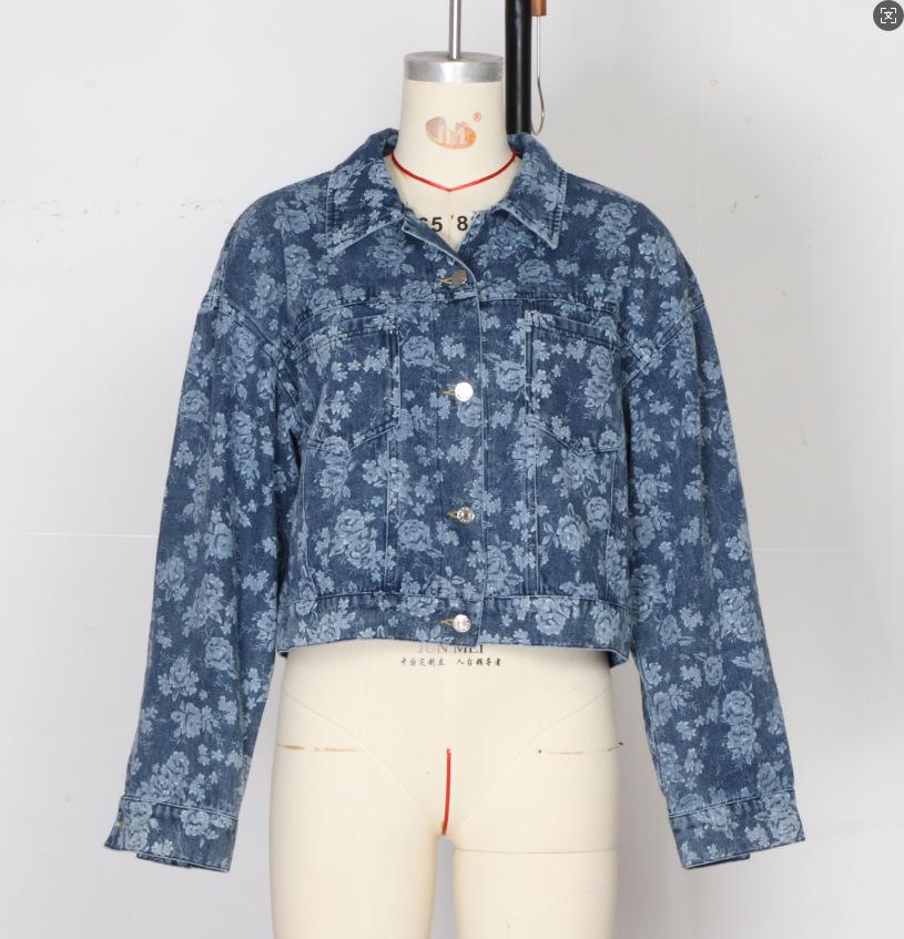 Женская джинсовая куртка с цветочным принтом - Европейский и Американский Весенний/Осенний Повседневный Однобортный