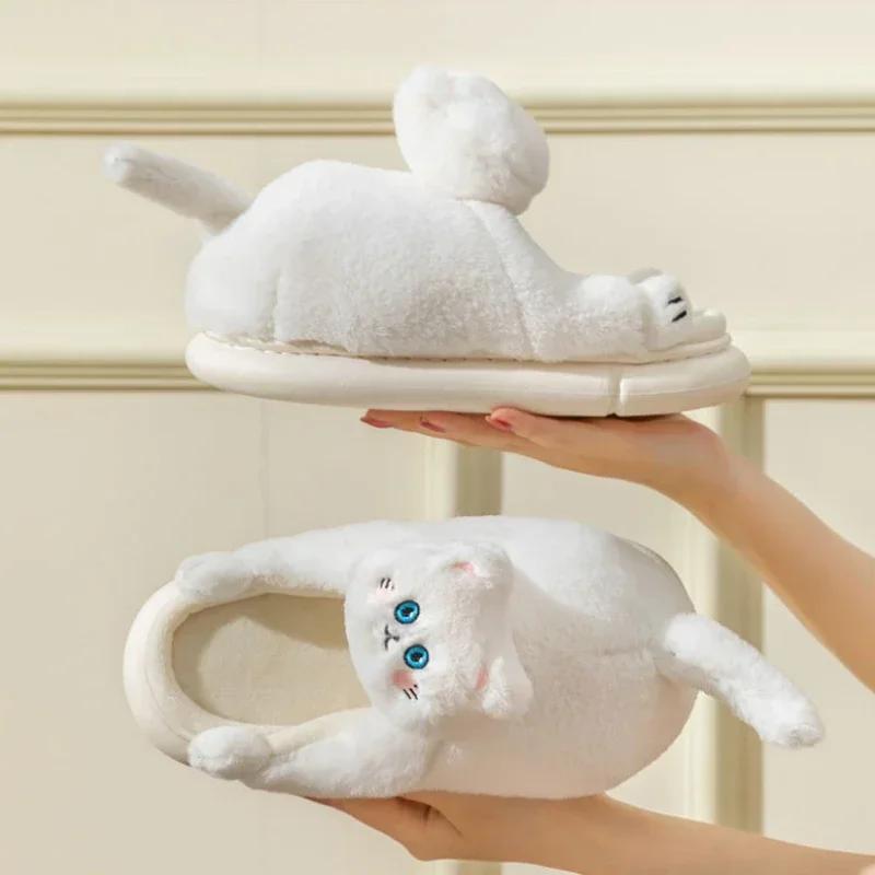 Зимние женские тапочки с котом, милые домашние хлопковые тапочки с рисунком кота, новая зимняя теплая плюшевая обувь на мягкой подошве для пар