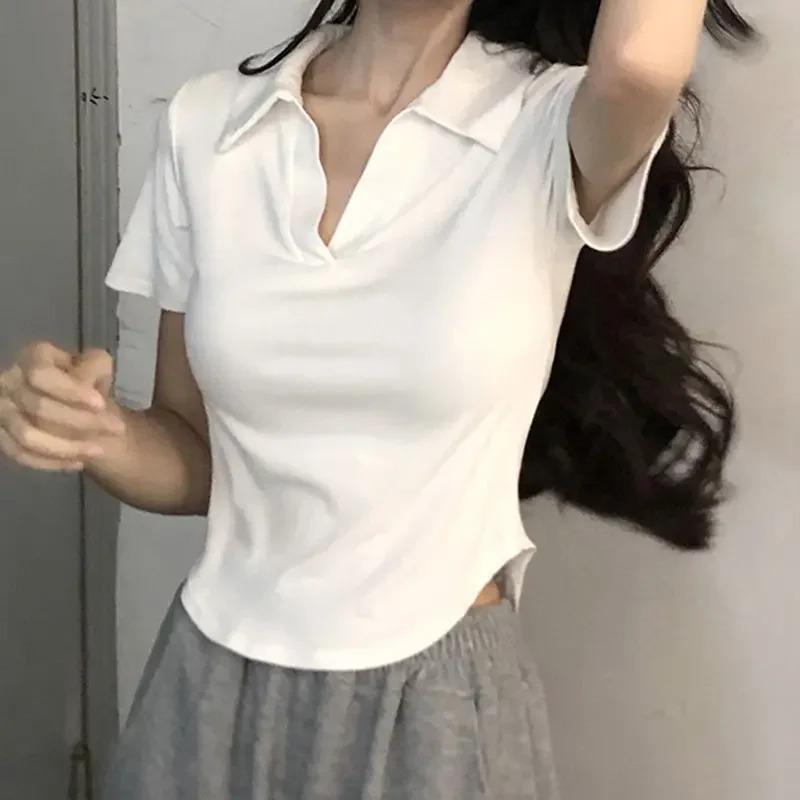 Футболка белая с V-образным вырезом и короткими рукавами, женская летняя дизайнерская Sense Niche, нерегулярная, облегающая, утягивающая, Gyaru Pure Desire Top
