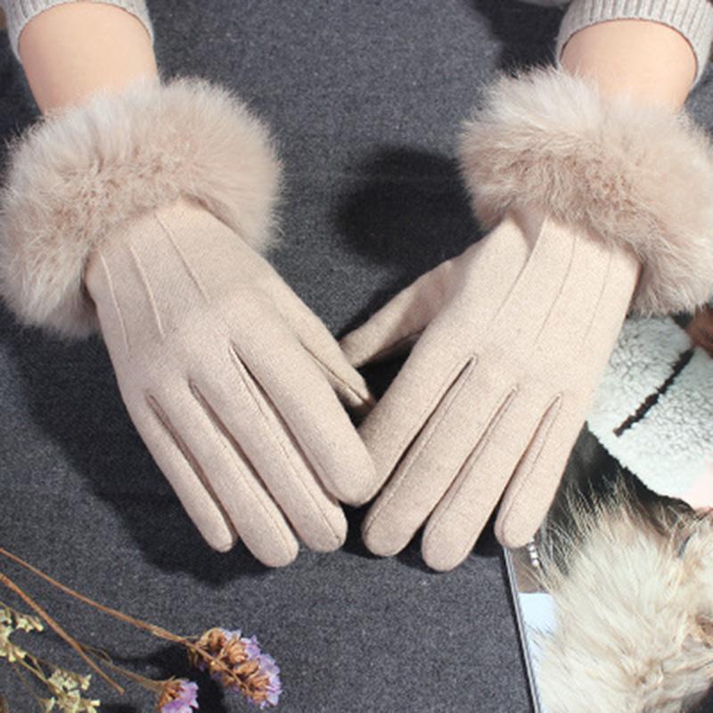 Rabbit Fur Gloves Female Winter Velvet Thicken Warm Mittens Cashmere Full Finger Embroidery Wool Touch Screen Driving Gloves H65