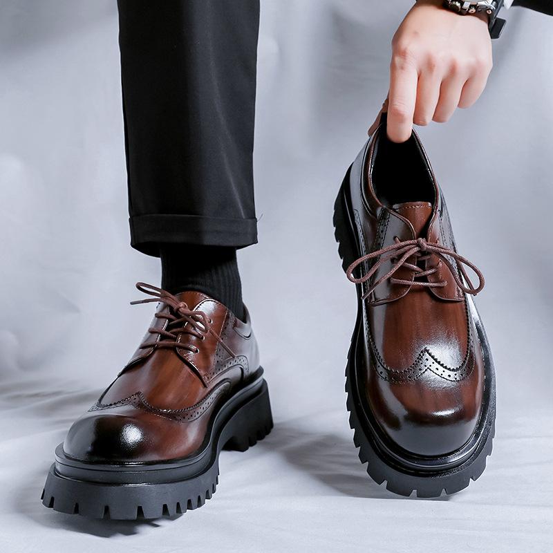 Men Fashion Genuine Leather Shoes Black Brown Carved Brogue Shoe Wedding Party Dress Breathable Platform Footwear Gentleman Mans