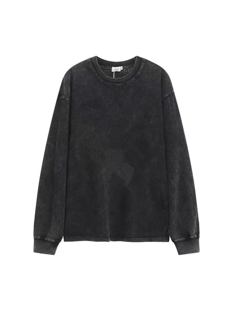 Women's Vintage Wash Long Sleeve T-Shirt with Ribbed Cuffs, 220g Pure Cotton, Plain and Distressed Look