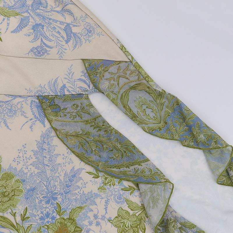 European and American V-neck Asymmetrical Printed Sexy Slim Side Split Dress