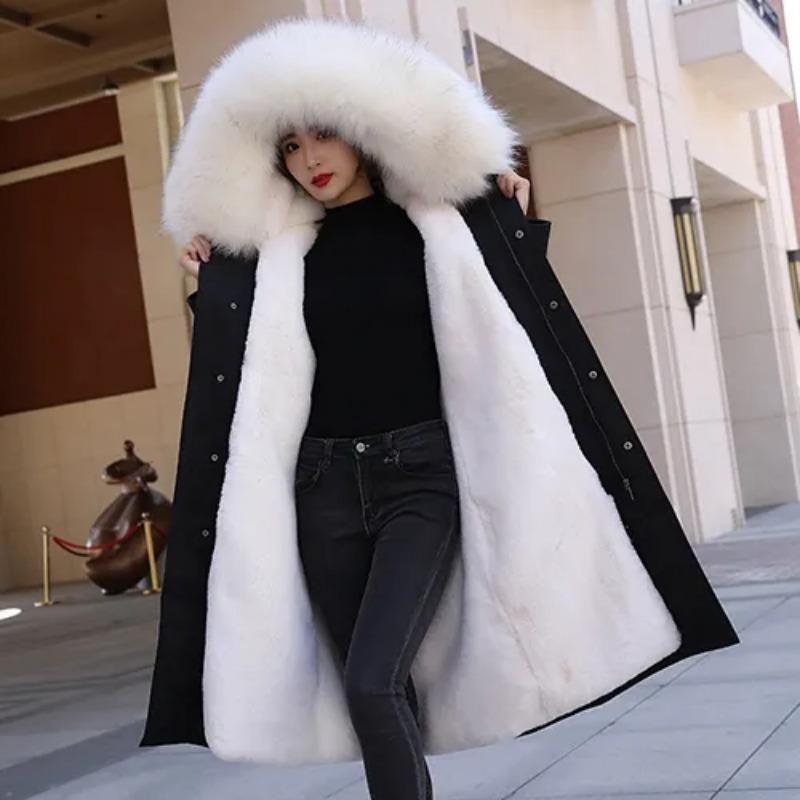 Removable Fox Fur Lining Mid-length Fur Coat Female Thick Warm Knee-high Fur Coats Autumn and Winter Hooded Parka with Waist Drawstring