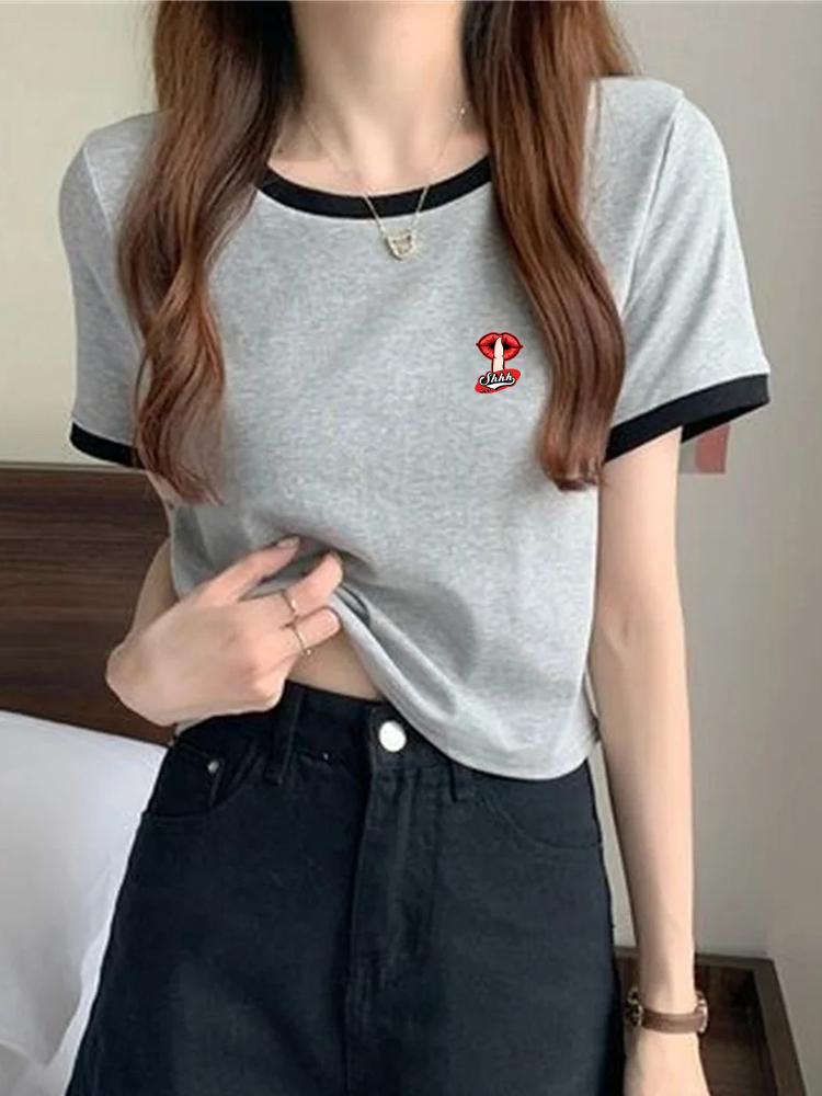 Women's Fashionable Slimming Cropped T-Shirt Short Sleeves Color Blocking Round Neck Summer New Style Smooths Your Silhouette