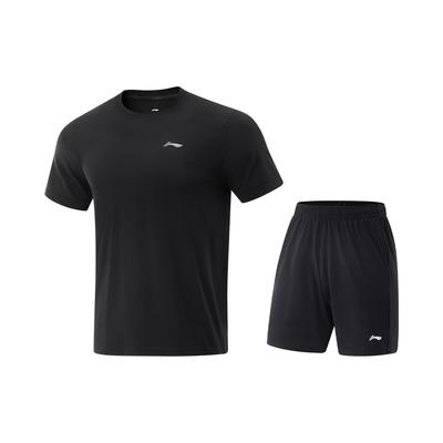 Серия для настольного тенниса Li Ning Однотонная дышащая универсальная футболка с коротким рукавом и шорты средней посадки Повседневный спортивный комплект Мужские комплекты Черный AATV071-1